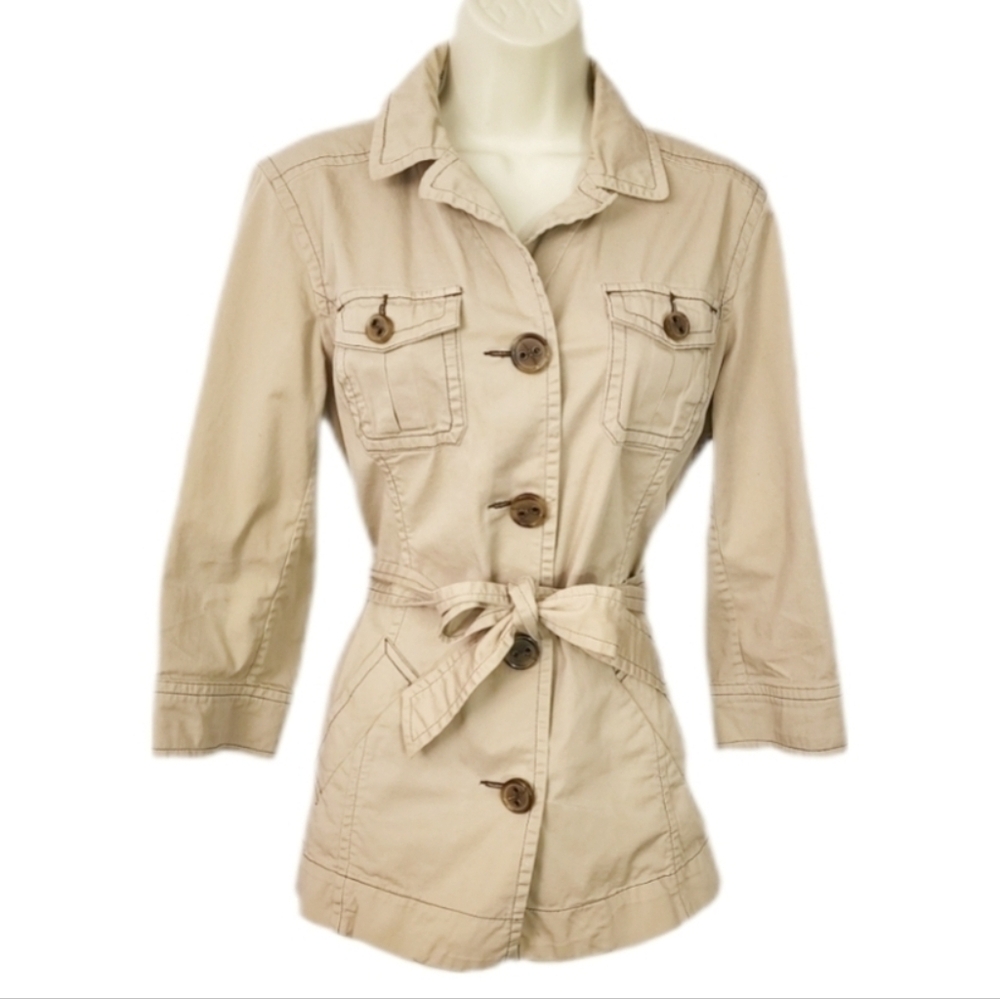 Tommy Hilfiger Jacket Safari Button Down Belt Tie Front Vintage Tan Size M